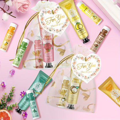 Shea Butter-Labeled Hand Cream and Lip Balm Gift Set with Vitamin E-Labeled Skin Care Formula