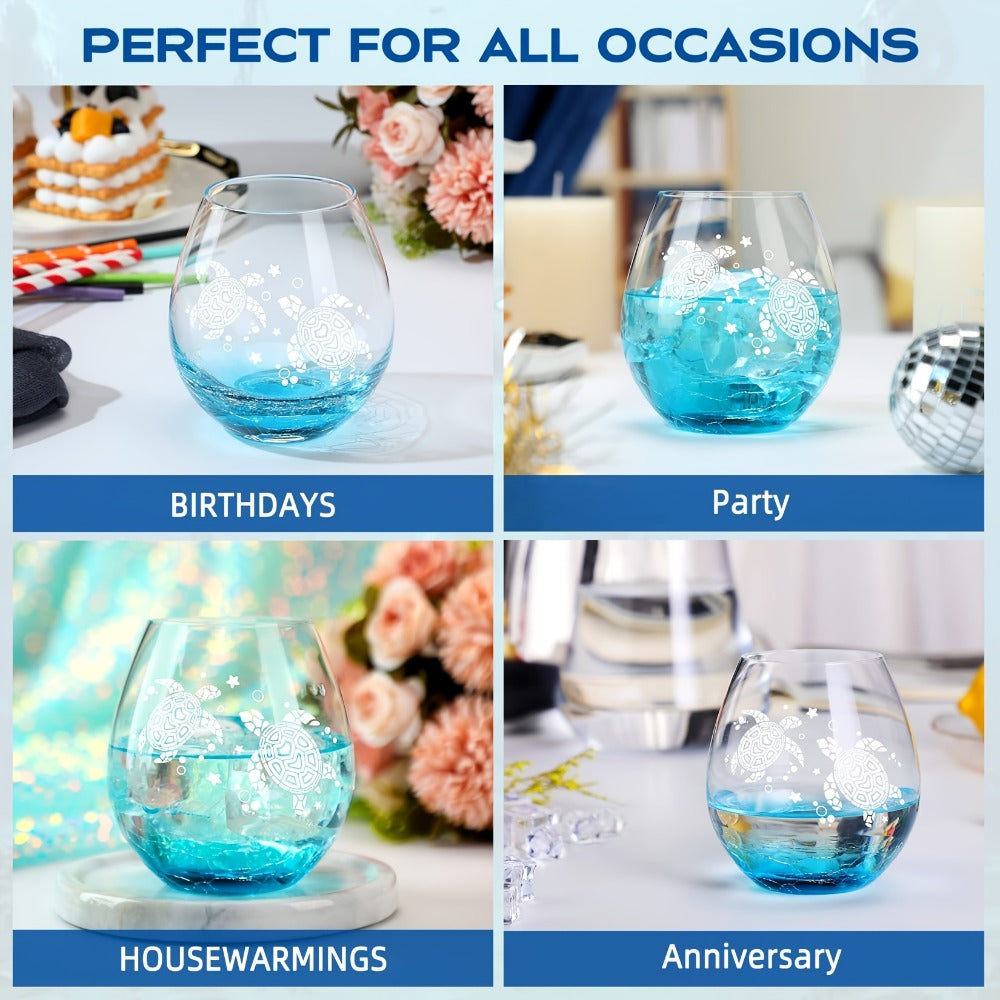 Sea Turtle Wine Glass Hand Etched Stemless 16oz Turquoise Crystal Glass Cup - Unique Wine Gifts for Women Ocean Beach Turtle Lovers Mom Wife - Sand Etched Art Gift Box Set for Birthday Christmas