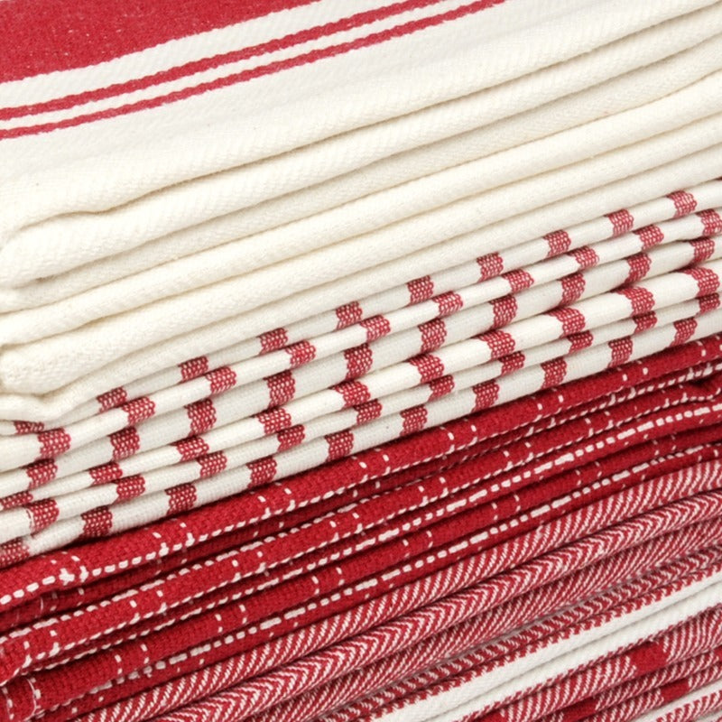 Ten-Pack Cotton Flat-Weave Kitchen Towel Set with Stripe, Check and Solid-Border Designs in Nine Colors