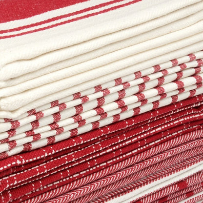 Ten-Pack Cotton Flat-Weave Kitchen Towel Set with Stripe, Check and Solid-Border Designs in Nine Colors