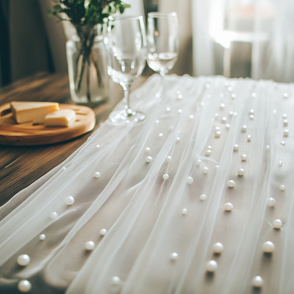 Three-Piece White Pearl-Beaded Tulle Table Runner Set, 2.5 x 9.8 Feet Each for Event Tables