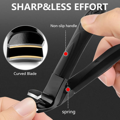 Wide-Jaw Nail Clipper Set, Six-Piece Black-Handle Kit with Curved, Slanted and Narrow Tools, Lifter, File and Storage Pouch