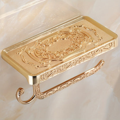 Golden Wall-Mounted Toilet Paper Holder with Embossed Vintage-Style Shelf, Roll Bar and Side Hook