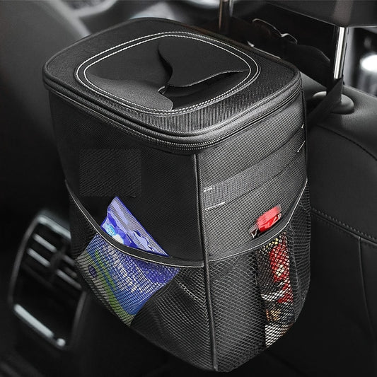 Car Trash Can with Lid - 2 Gallon Leak-Proof Garbage Bin with Storage Pockets for Car, SUV & Truck - Multipurpose Vehicle Waste Bin, Black