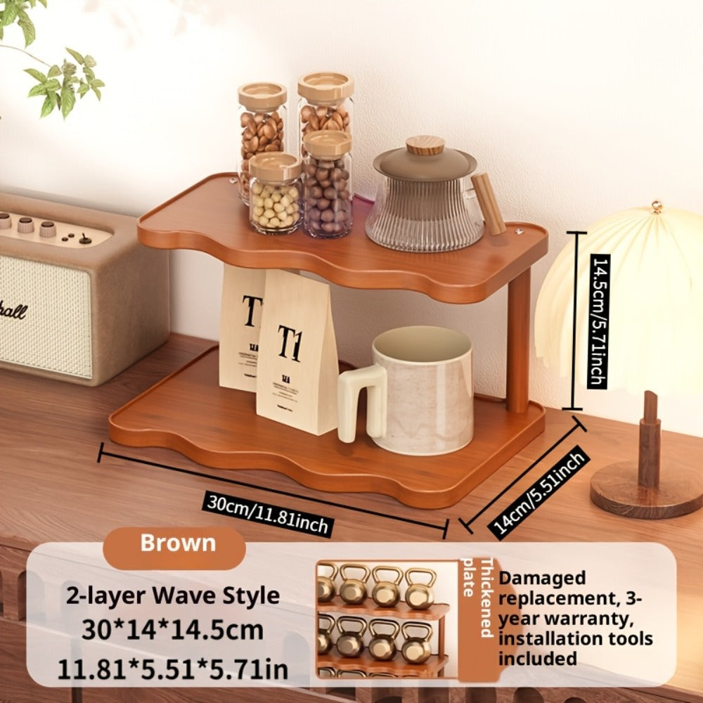 Ladder Cup Holder Rack 2-3 Tier Wave Style | Countertop Organizer for Coffee Mugs Teacups Water Glasses | Kitchen Counter Dining Table Entryway Dessert Display Shelf Brown