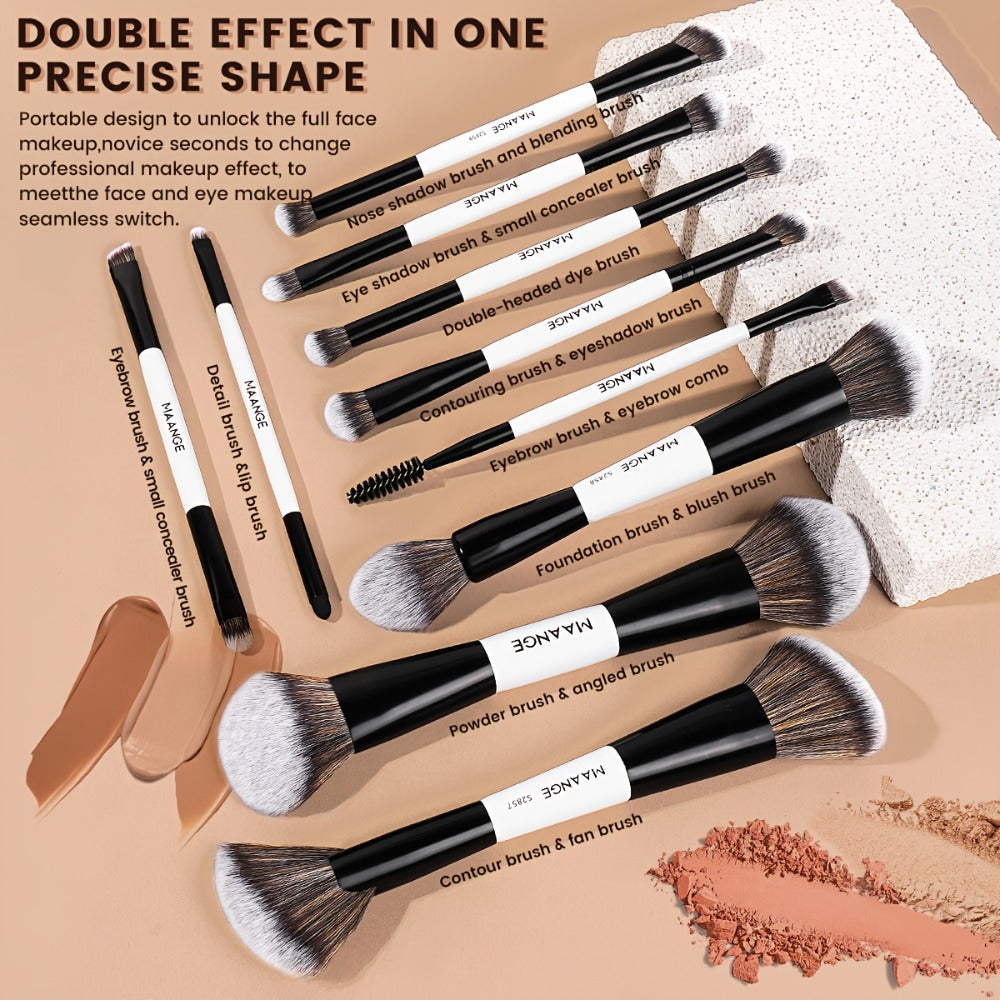 Double-Ended Makeup Brush Set 10PCS with Cosmetic Bag – Soft Nylon Bristles Dual-Ended Blush Eyeshadow Face Brushes Professional Kit for Beginners & Pros Women