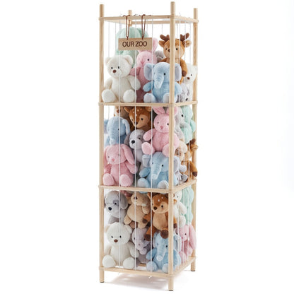 Wooden Stuffed Animal Storage Organizer for Kids Large Plush Toy Holder Zoo Space Saving Display Rack for Playroom Bedroom Nursery Natural White Pink