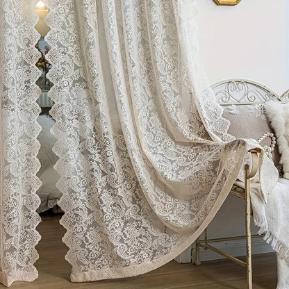 Floral Phoenix-Tail Lace Curtain Panel with Rod-Pocket Header, Three Colors and Four Length Options