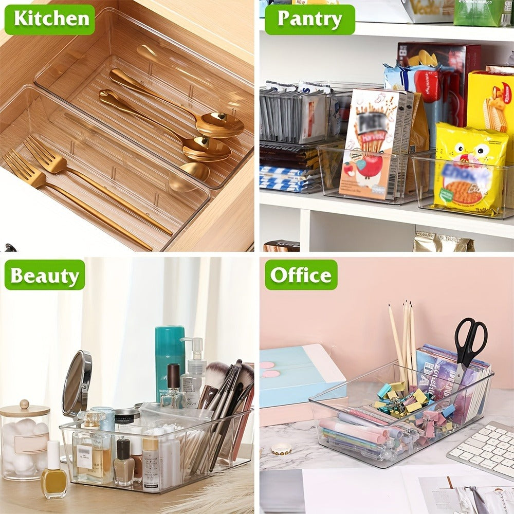 Six-Piece Clear Pantry Organizer Bin Set with Removable Dividers for Cabinets, Fridges and Shelves