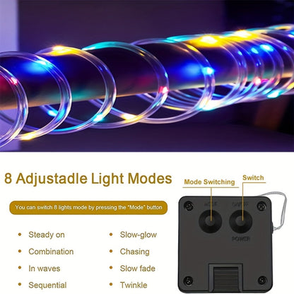 RGB Solar Rope Light with 100 LEDs, 33-Foot Clear Tube and Eight Pictured Lighting Modes for Patio Decor