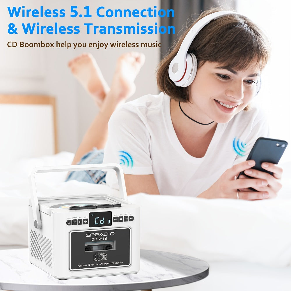Portable CD and Cassette Player with FM Radio, Tape Recording, AUX, SD, USB and 3.5 mm Audio Connections