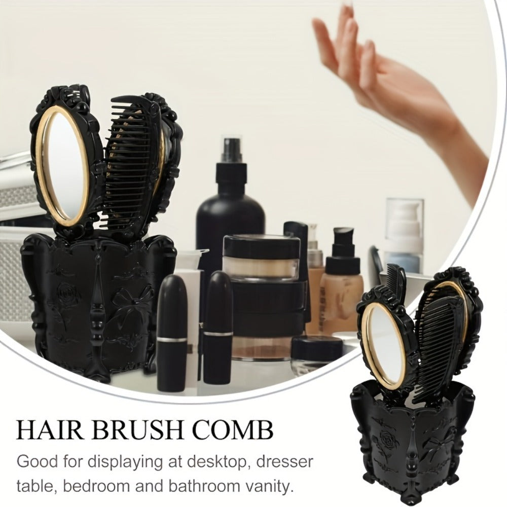 Retro Hair Comb Set with Mirror Scalp Massage Hairbrush Pocket Mirror Vintage Vanity Brush Set for Women Girls Travel Daily Grooming Makeup Gift Black