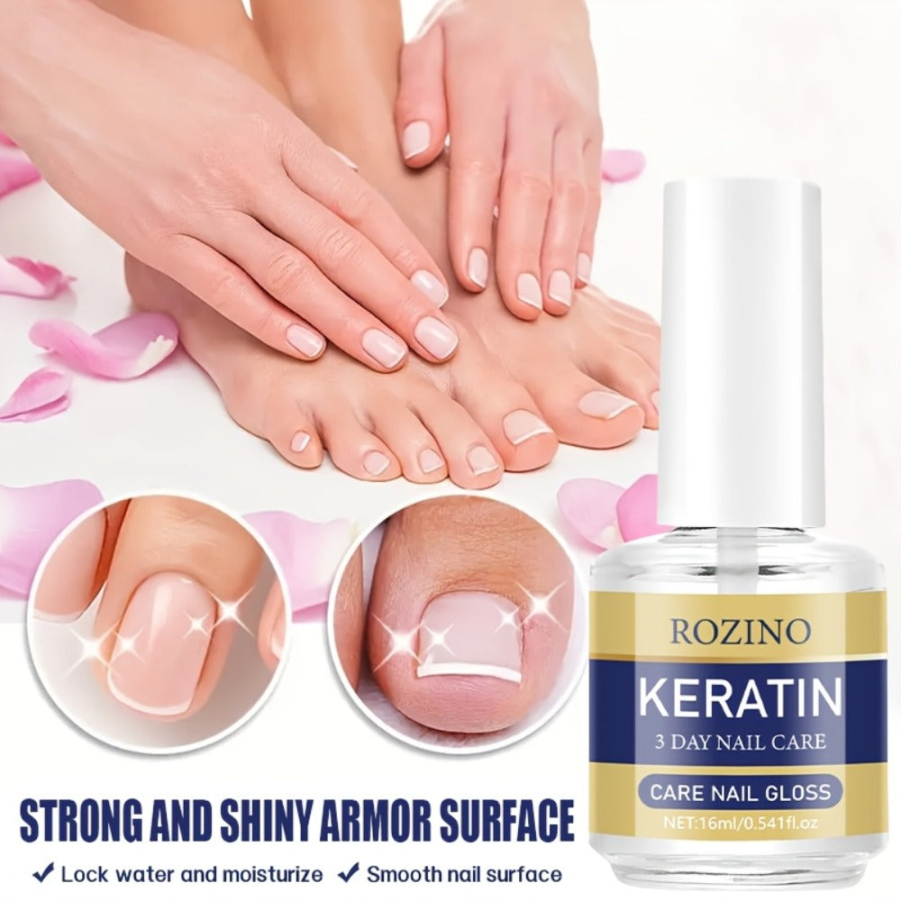 Three-Piece Keratin-Labeled Nail Care Gloss Set in Clear Bottles for Fingernail and Toenail Application