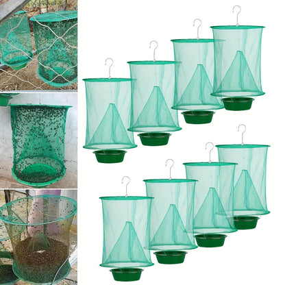 Green Hanging Mesh Fly Trap Cages with Removable Bait Bowls in Two-Pack or Four-Pack Options