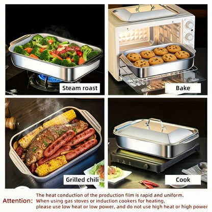 Stainless Steel Deep Baking Tray with Lid 4-Piece Set, 1.59 Gallon Rectangular Roasting Pan with Handle Lids, 16-Inch Dishwasher Safe Deep Tray for Fish BBQ Spaghetti, 2 Trays + 2 Lids