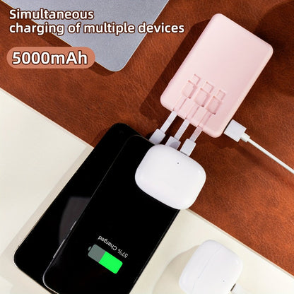 Slim Power Bank 5000mAh / 10000mAh with Built-in USB-C Cable, Charges 4 Devices Simultaneously, LED Indicator – Ultra-Compact Portable Charger for iPhone, Android, Travel, Everyday Carry