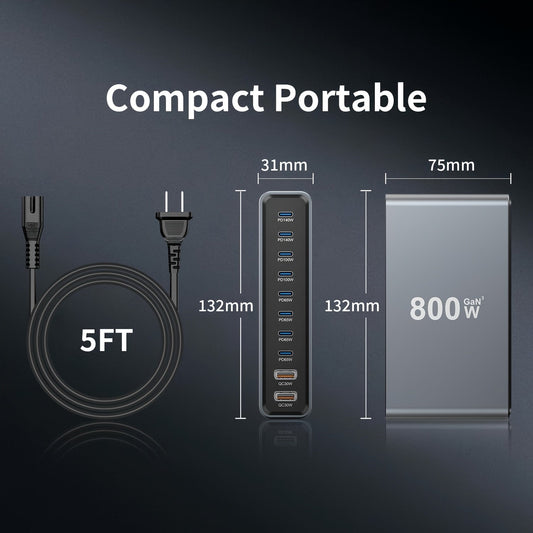 GaN Charging Station 1000W GaN3 10-Port USB-C Fast Charger for Laptops Tablets Smartphones 110-240V Universal Travel Power Hub Multi-Device Desktop