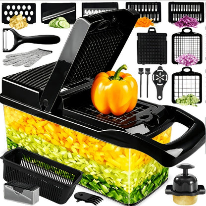 18-in-1 Vegetable Chopper and Mandoline Slicer with Clear Container, Eight Metal Blade Inserts and Hand Guard