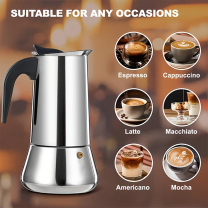 Straight-Sided Stovetop Moka Pot with Reusable Filter, Safety Valve and 2-, 4-, 6-, 9- or 12-Cup Options