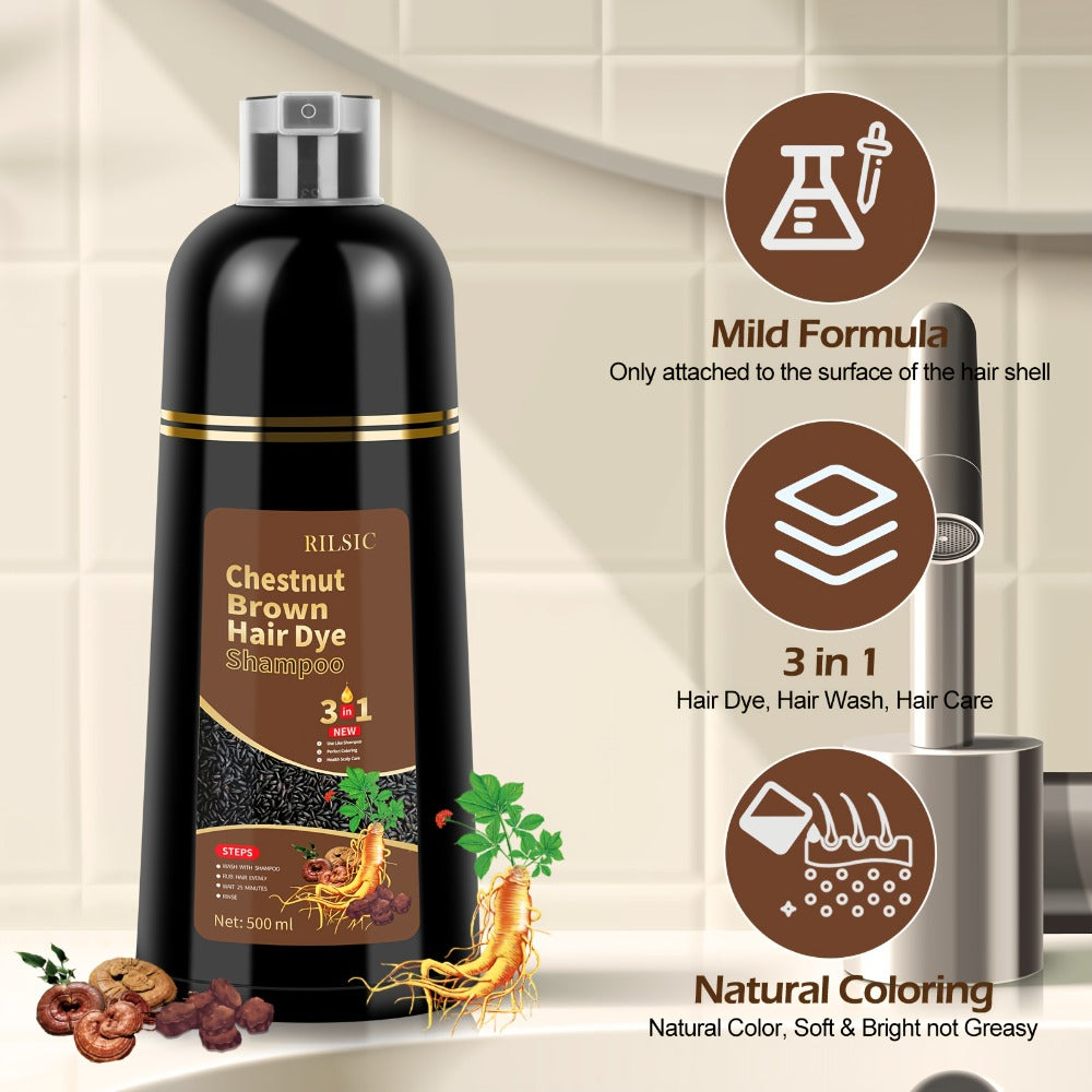 RILSIC 3-in-1 Gray Hair Color Shampoo with Plant Squalene — 100% Gray Coverage Wash & Condition Instant Results, No Mix No Ammonia, 16.91oz / 500ml for Women & Men All Hair Types