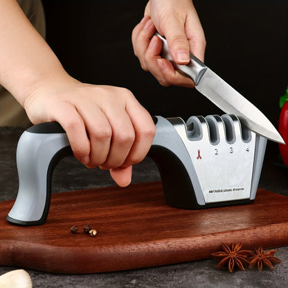 Four-Stage Manual Knife and Scissors Sharpener in Grey with Curved Handle and Four Guided Slots