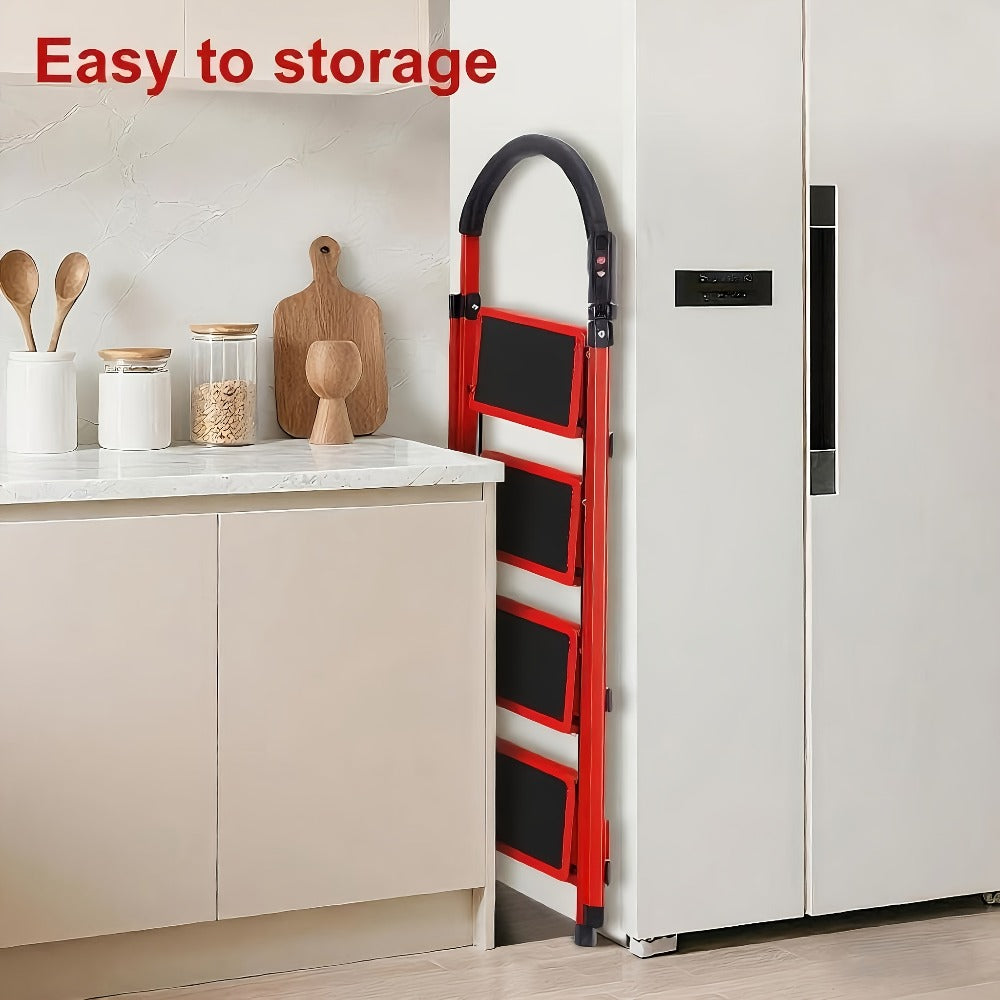 Folding Metal Step Ladder with Handrail, Ribbed Treads and Two-, Three-, Four- or Five-Step Options