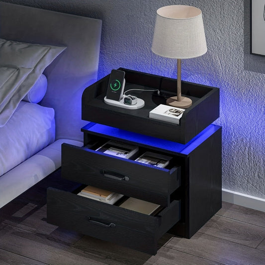 Small Nightstand with USB Charging Station & LED Lights – Compact Bedside Table with Drawer | Under 27 Inch Floor Mount | Dorm Studio Apartment Small Bedroom | Black or White | College Dorm Gift