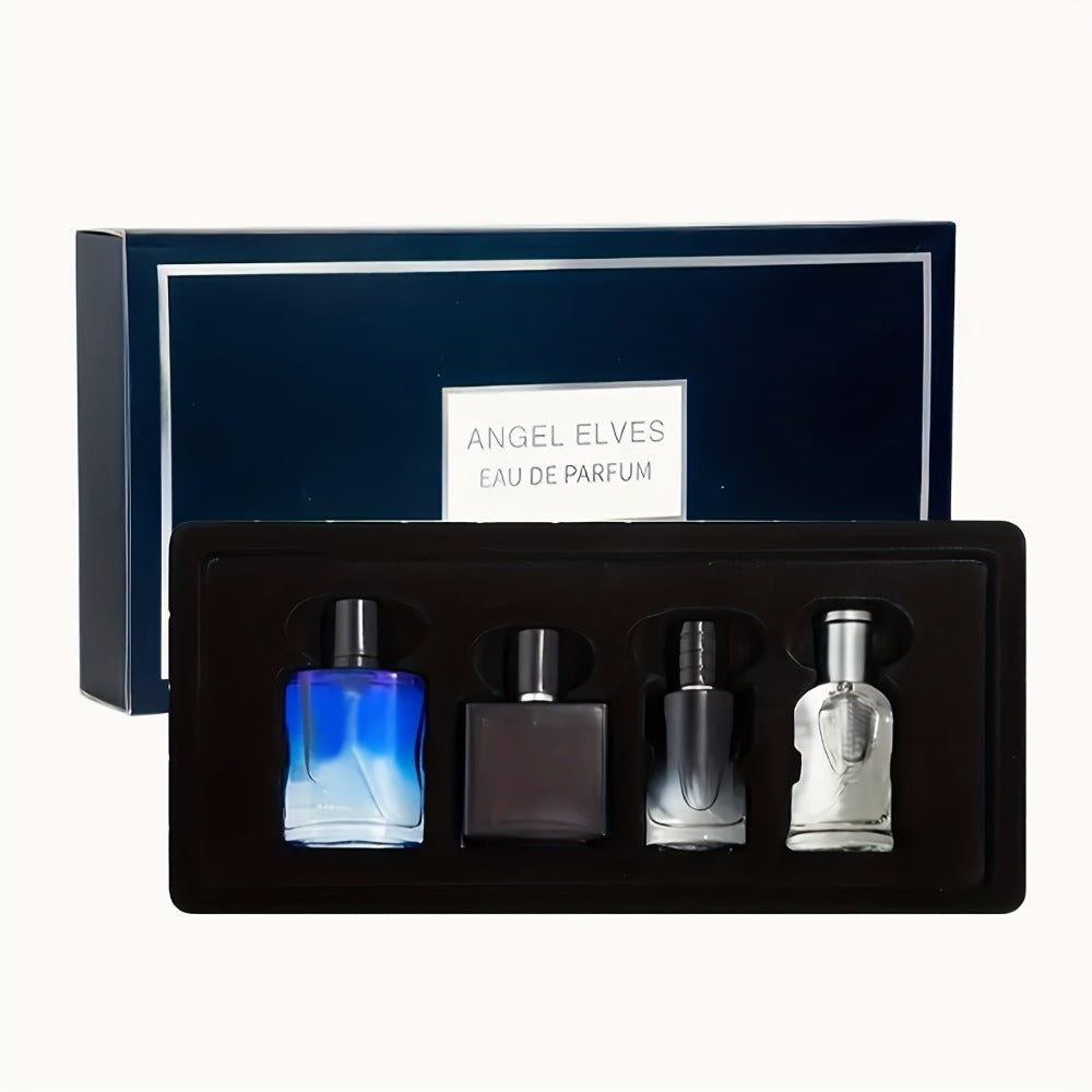 Four-Piece Boxed Fragrance Spray Set with Blue, Clear and Purple Gradient Bottle Presentation