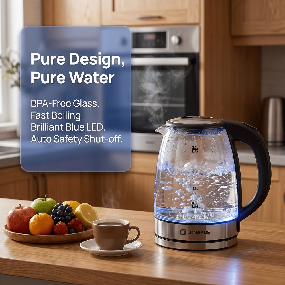 Glass Electric Kettle 2L Large Capacity – 1000W Fast Boil, Anti-Dry Burn Protection, See-Through Design for Coffee Milk Tea, Kitchen Dining Room Living Room Use, 67.63oz