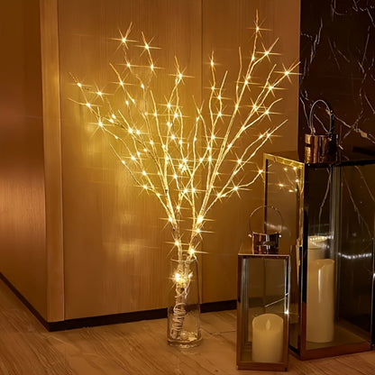 Birch Branch Lights Set of 2, Artificial Luminous Birch Tree Branches with Green Leaves & LED Fairy Lights — Battery Powered Indoor Decor for Christmas, New Year, Home & Reading Nook