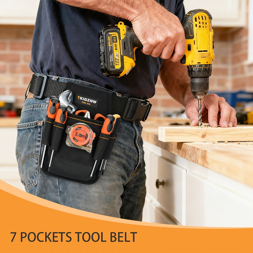 Seven-Pocket Tool Organizer Bag in Black with Open Compartments and Portable Carry Handles for Jobsite Storage