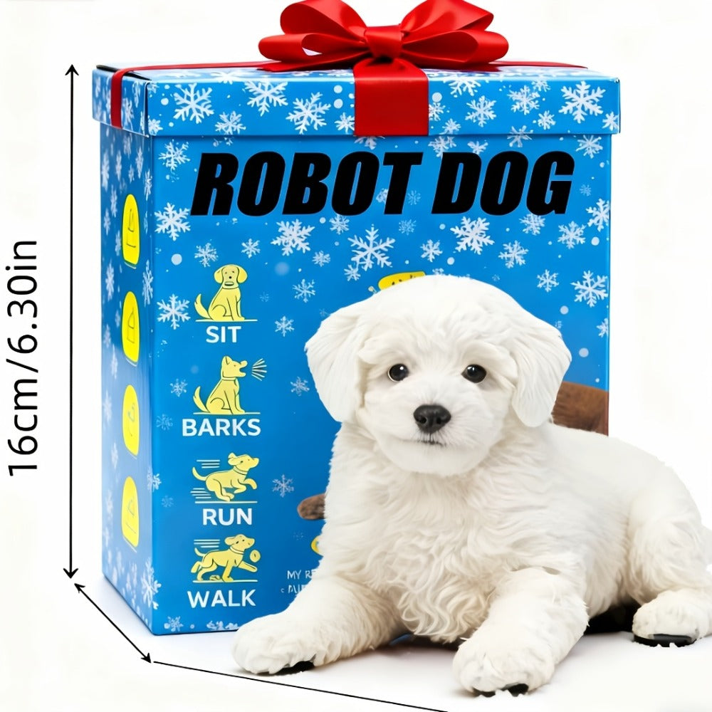 White Electronic Plush Robot Puppy Toy with Walking and Barking Box Icons in a White Gift-Box Option