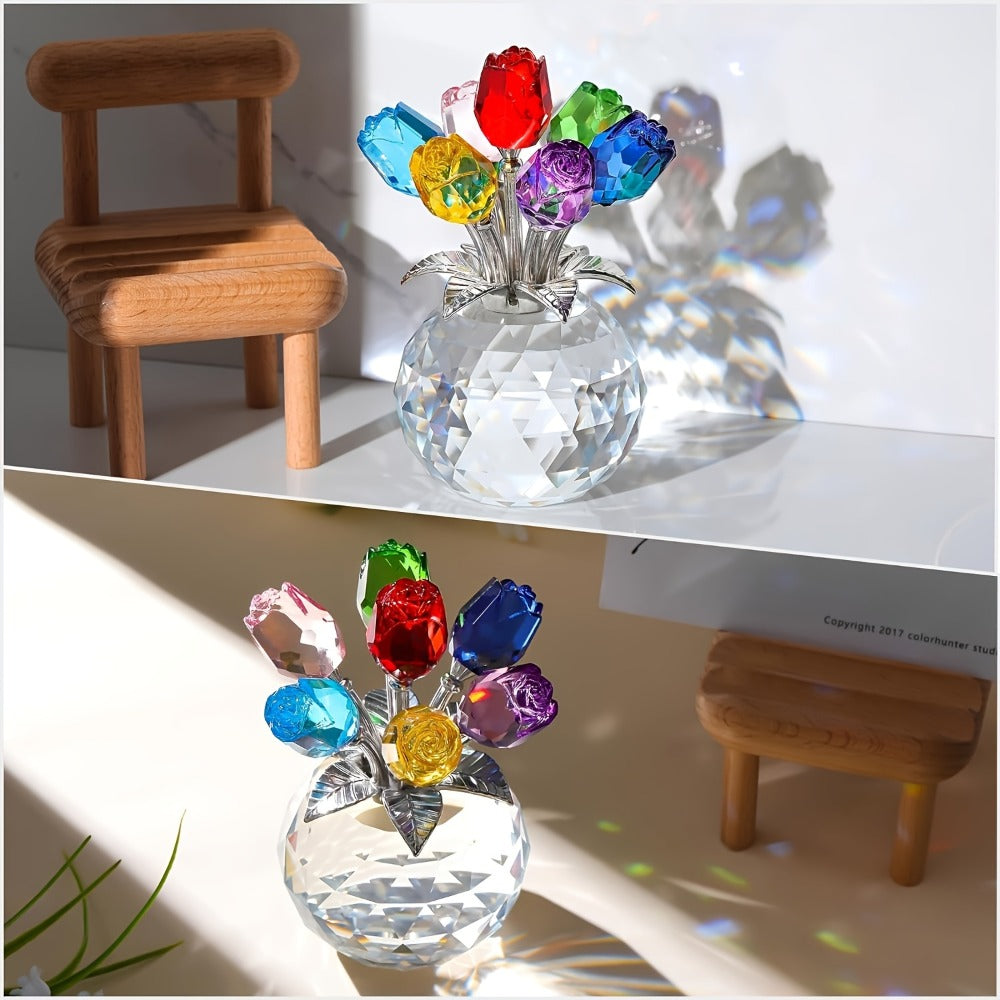Artificial Flowers Crystal-Look Mini Rose Arrangement with Faceted Display Base in Four Color Options