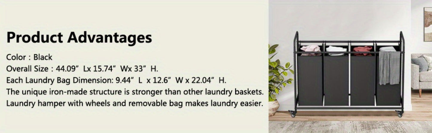 Laundry Hamper Cart with 4-Bag Sorter, Heavy-Duty Rolling Lockable Wheels & Removable Bags — Laundry Basket Organizer for Bedroom, Bathroom & Laundry Room | Beige, Gray, Black, Assorted