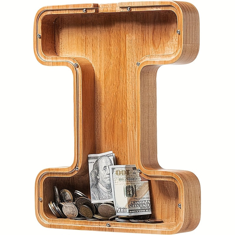 Wooden Alphabet Letter Coin Bank with Clear Front Panel and 23 Fixed Initial Options for Display