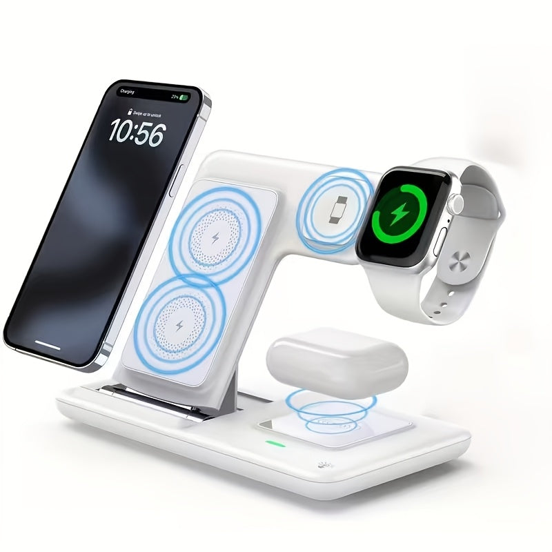 3-in-1 MagSafe Wireless Charging Station 15W Fast Charger – Foldable HS BS Style Stand for iPhone 16 15 14 13 12 Pro Max, Apple Watch Ultra Series 9 8 7 & AirPods 3 2 Pro, Desk Bedside Nightstand