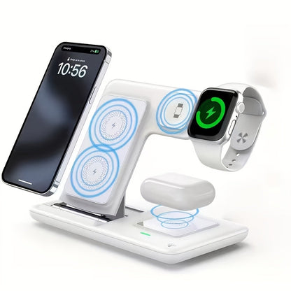3-in-1 MagSafe Wireless Charging Station 15W Fast Charger – Foldable HS BS Style Stand for iPhone 16 15 14 13 12 Pro Max, Apple Watch Ultra Series 9 8 7 & AirPods 3 2 Pro, Desk Bedside Nightstand