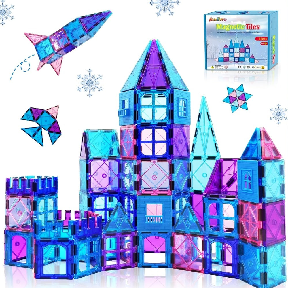 32-Piece Blue and Purple Magnetic Tile Castle Set with Squares, Triangles and Window Pieces