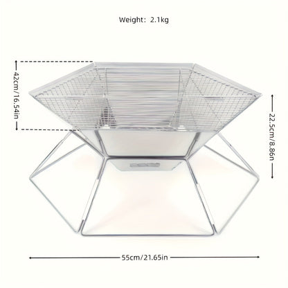 Hexagonal Folding Charcoal Grill with Stainless-Steel-Color Frame, Open Grid and Carry Bag for Outdoor Use