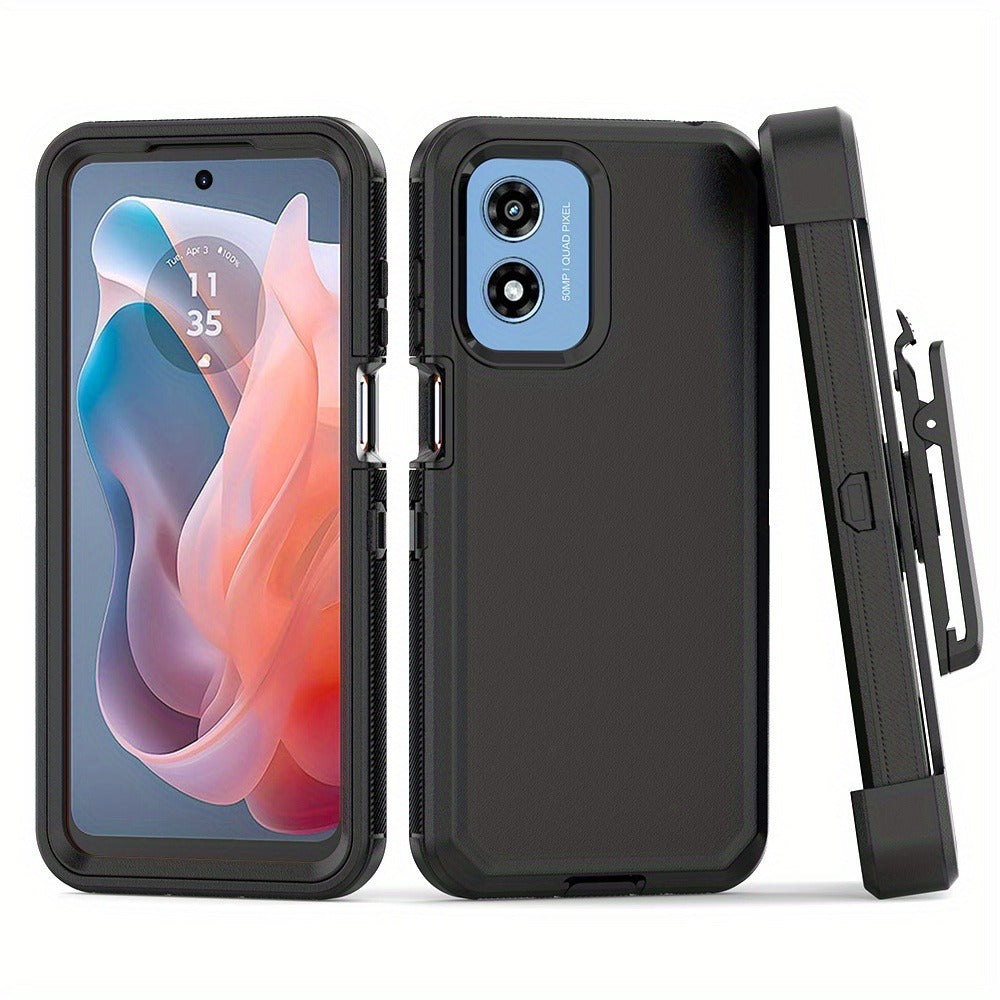 Phone Case Multi-Layer PC and TPU Cover with Belt Clip Holster and Kickstand for Moto G Play 2024