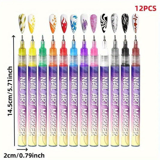 Metal Rod Nylon Brush Nail Art Pen Set 12 Colors - Acrylic Paint Pens for 3D Doodle Dot & Stitching Nail Design, Quick-Dry Long-Lasting Detail Tools for Home & Salon, Beginner Gift