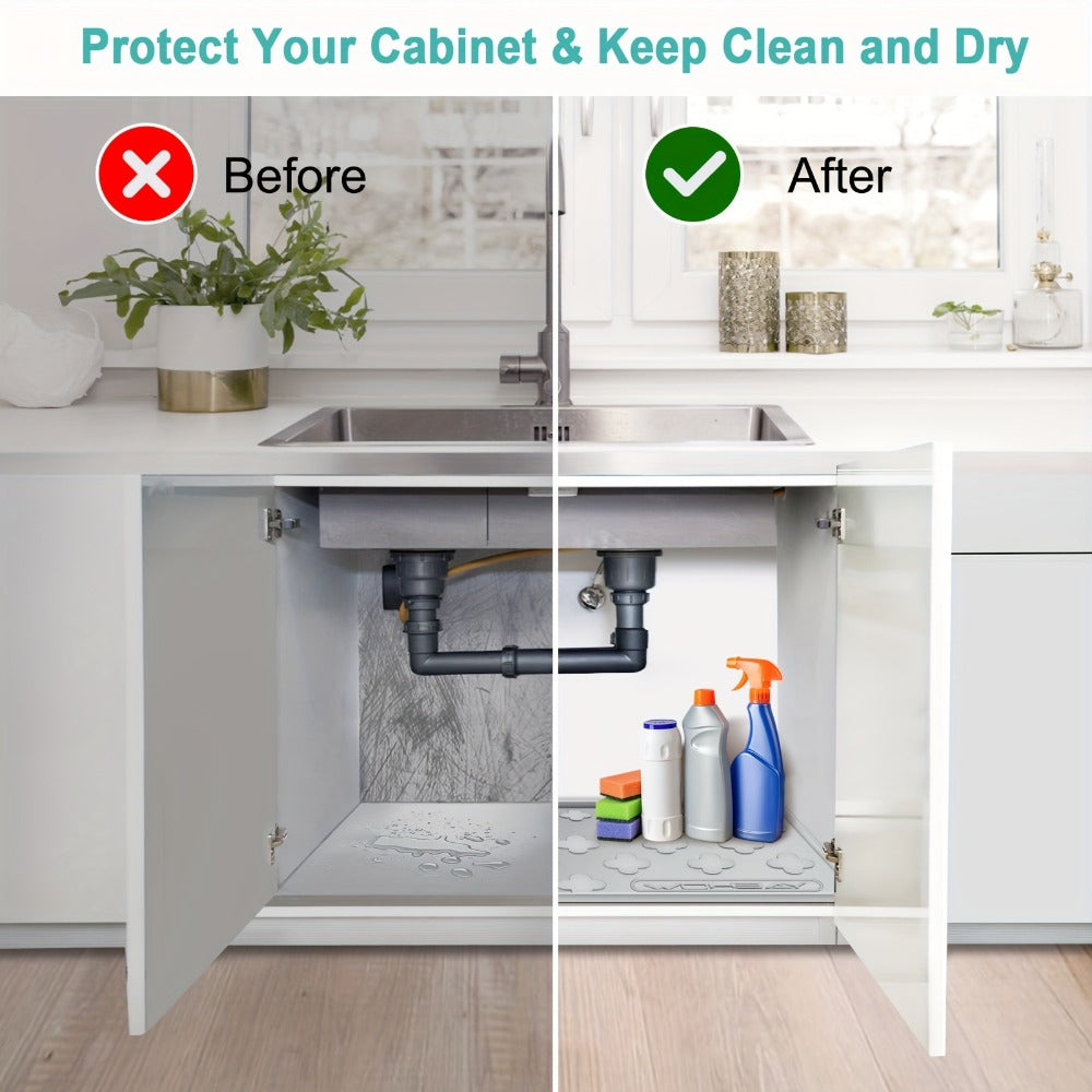 Under Sink Mat Waterproof Silicone 34" x 22" Undersink Drip Tray Liner for Kitchen Bathroom Cabinet, Holds 2 Gallons, Non-Toxic Durable Cabinet Protector with Raised Edges Four-Leaf Clover Pattern