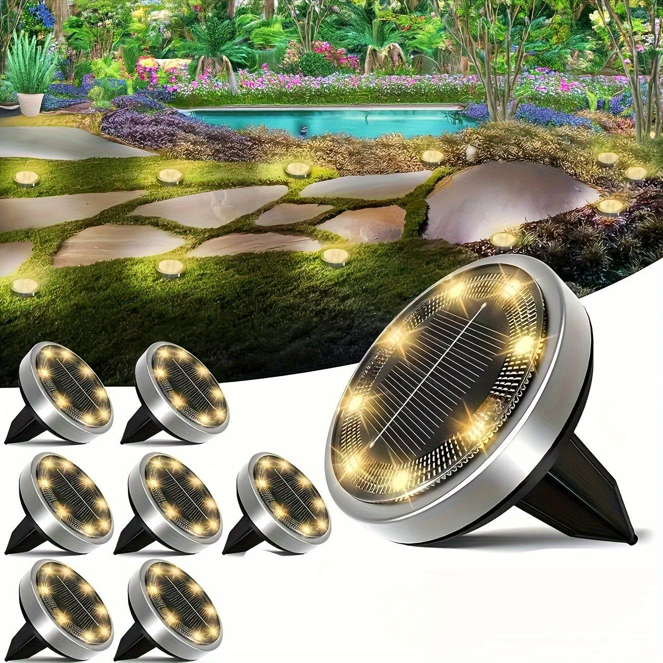 Solar Garden Light Ground Discs 8-Pack with 8 LEDs Each, Touch Dimming and Warm or Cool White Options