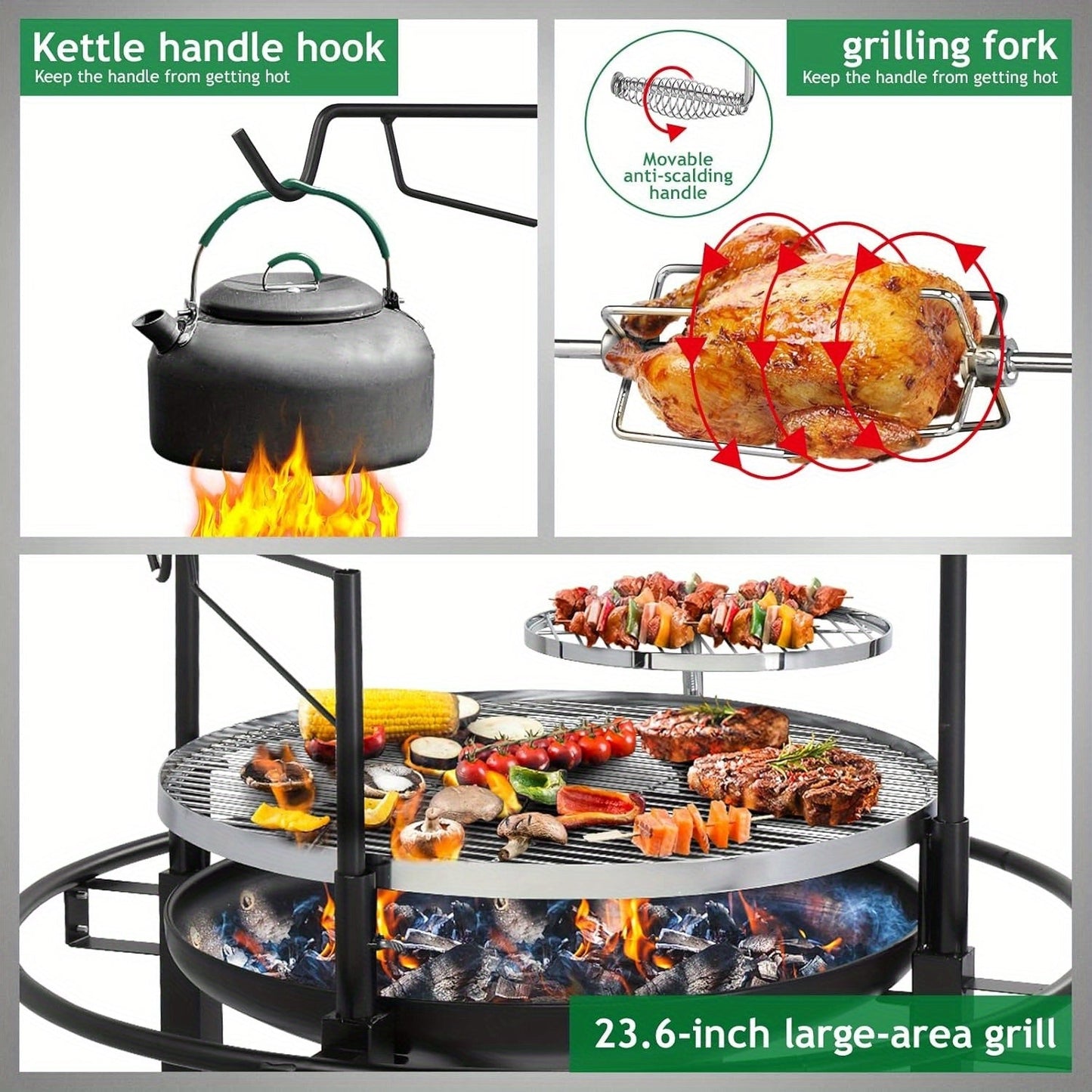 33-Inch Wood-Burning BBQ Fire Pit with Swivel Cooking Grate, Two Removable Grills and Height-Adjustable Rack