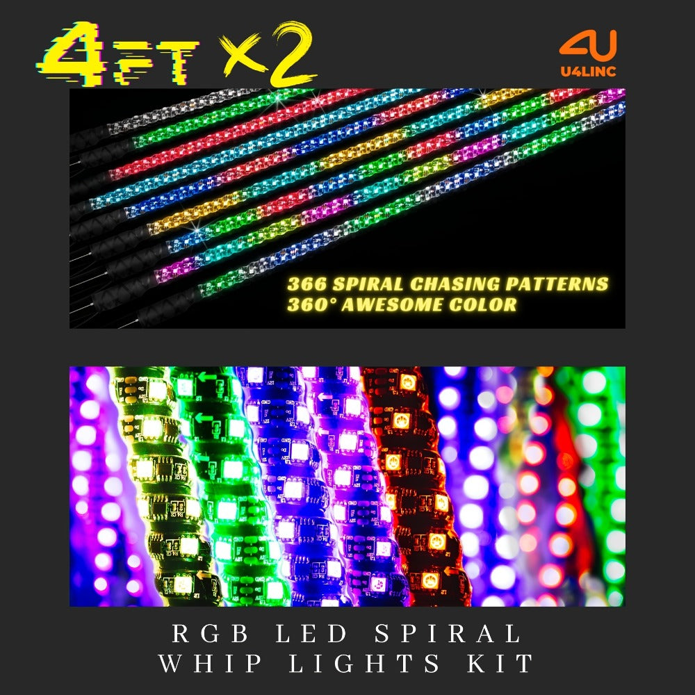 RGB LED Whip Lights for UTV ATV – 1ft/2ft/3ft/4ft Spiral Color Changing Neon Light Whips with Remote & App Control, Music Sync, for RZR SXS Dune Buggy Off-Road Truck (2pcs, No Spring Base)