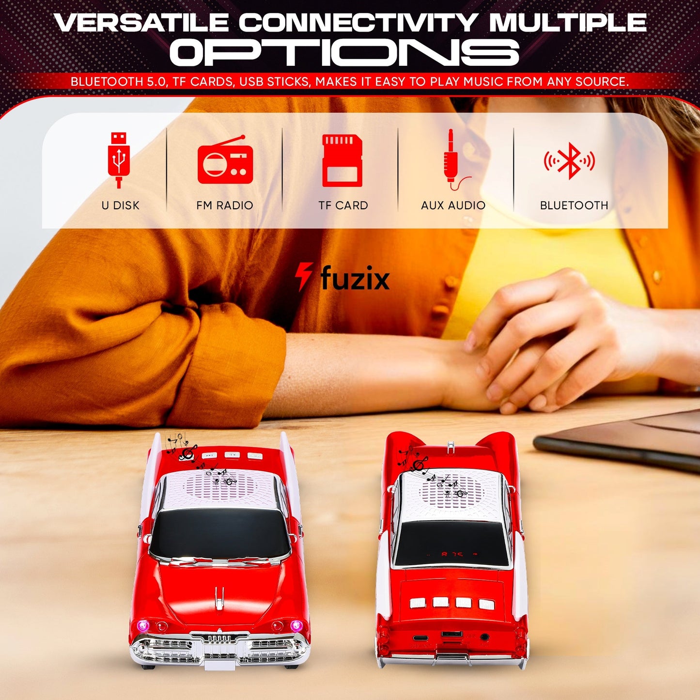 Portable Bluetooth Speaker Fuzix WS-1965 Retro Car with LED Lights, Mic, FM, AUX, USB and TF