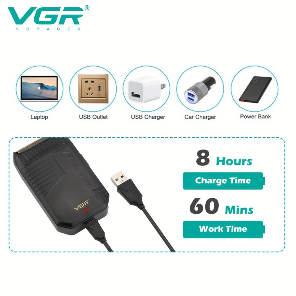 Electric Shaver VGR Cordless Foil Razor with USB Rechargeable Power in Black, Models V-363 or V-375