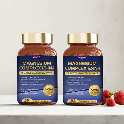 Magnesium Complex 700mg 12-in-1 120 Capsules with Glycinate, Citrate, Malate & Taurine for Sleep, Mood, Nerve, Heart & Muscle Function Support for Men & Women