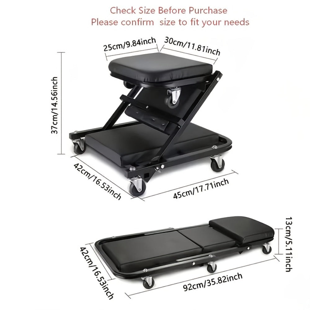 Rolling Mechanic Creeper Stool 300 lb – Foldable Z-Shape 3-in-1 Crawler Seat & Sliding Work Stool with 6 Swivel Casters, Thick Padded Cushion, for Car Truck Motorcycle Repair (Red / Grey)