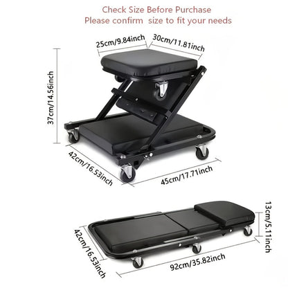 Rolling Mechanic Creeper Stool 300 lb – Foldable Z-Shape 3-in-1 Crawler Seat & Sliding Work Stool with 6 Swivel Casters, Thick Padded Cushion, for Car Truck Motorcycle Repair (Red / Grey)